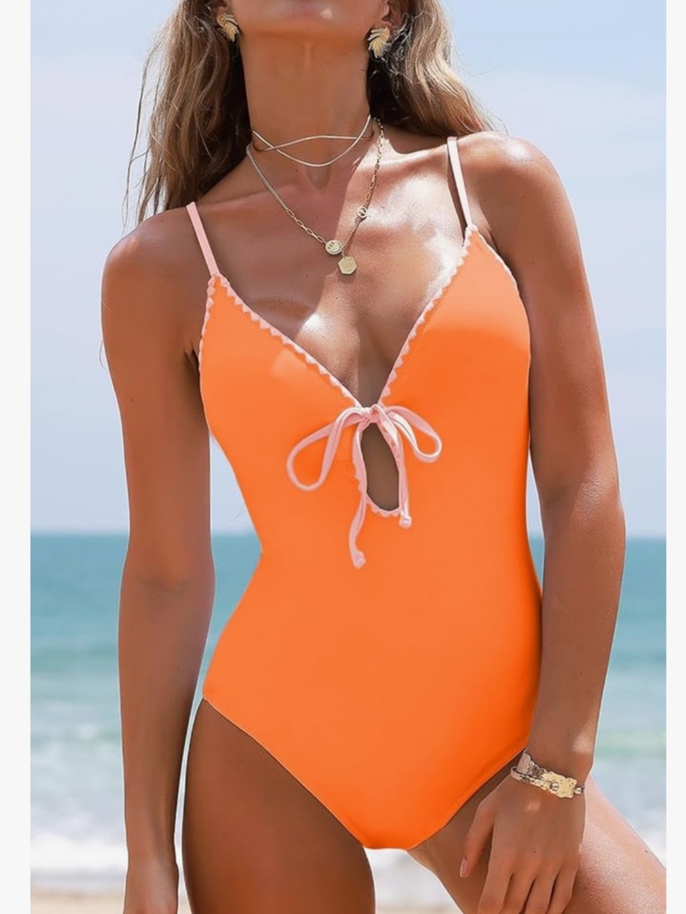 CHYRII Bright Orange One-Piece Swimsuit with Pink Trim